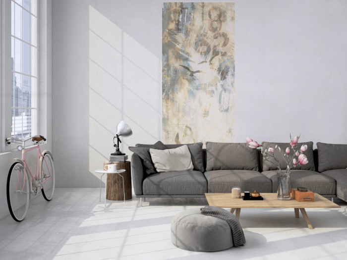 Das Design-Fotopanel Unter den Palmen Beige tapeziert in einem Loft. Bestelle die Bildtapete für Deine Wand online.