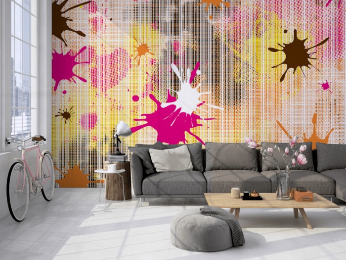 Die Design-Fototapete Geometrie Splash Pink auf einer großen Wand im Loft tapeziert. Die Design-Fototapete Geometrie Splash Pink wird individuell auf Deine Wand angepasst.