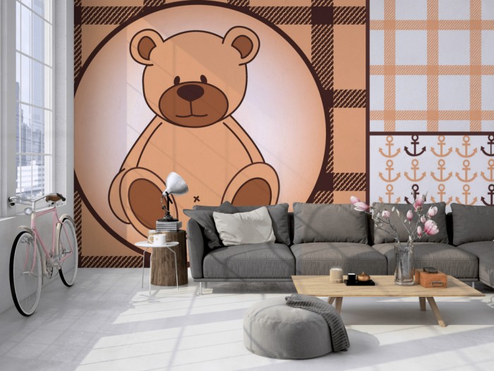 Die Fototapete Bären-Boy, Patchwork-Design auf einer großen Wand im Loft tapeziert. Die Fototapete Bären-Boy, Patchwork-Design wird individuell auf Deine Wand angepasst.