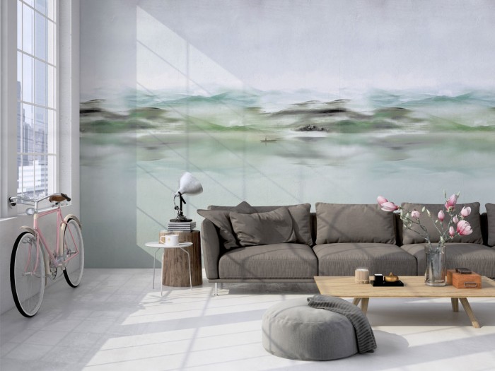 Die grüne Designtapete Silence Boat Wallpaper als Wohnzimmertapete.