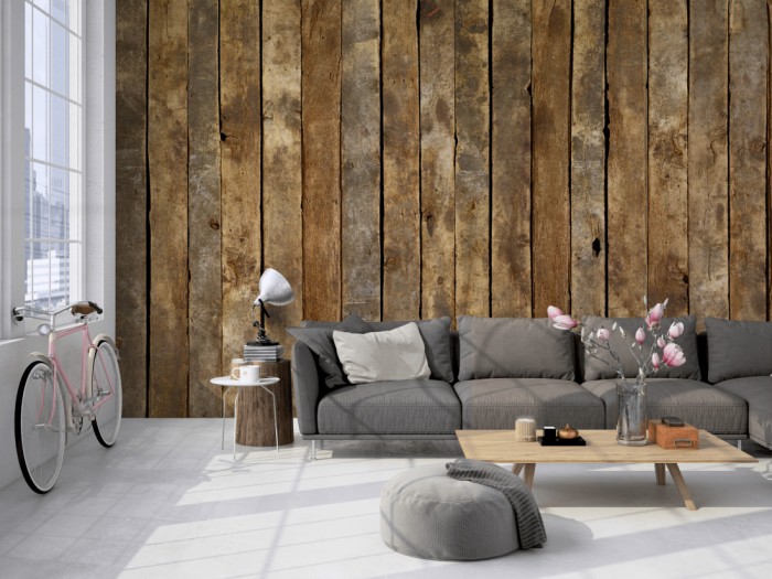 Die Fototapete Holz Wand, alte Holzdielen auf einer großen Wand im Loft tapeziert. Die Fototapete Holz Wand, alte Holzdielen wird individuell auf Deine Wand angepasst.