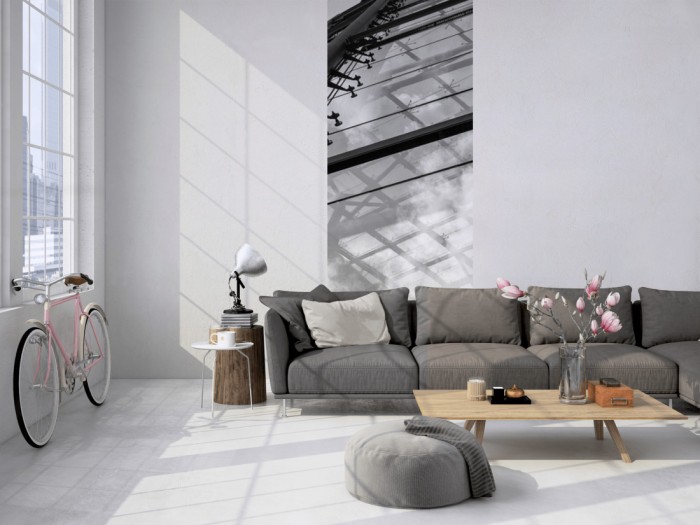 Das 3D-Fotopanel Fassade aus Glas, Architektur tapeziert in einem Loft. Bestelle die Bildtapete für Deine Wand online.