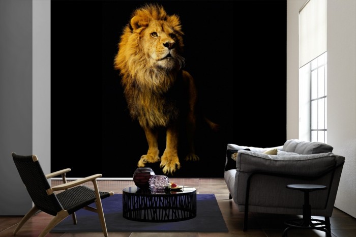 Im Wohnzimmer die Fototapete Löwe, Fotografie by Mark Laita auf einer großen Wand tapeziert. Die Fototapete Löwe, Fotografie by Mark Laita ist als Vlies-Fototapete im Wohnzimmer leicht zu tapezieren.