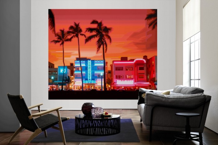 Die Fototapete Miami Beach Ocean Drive, Grafik-Design als große Bildtapete im Wohnzimmer. Als Bildtapete ist die Fototapete Miami Beach Ocean Drive, Grafik-Design ein besonderes Highlight auf Vliestapete.