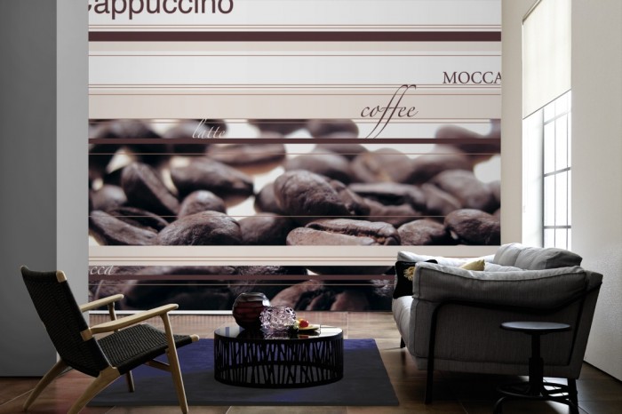 Im Wohnzimmer die Design-Fototapete Kaffee, Artwork auf einer großen Wand tapeziert. Die Design-Fototapete Kaffee, Artwork ist als Vlies-Fototapete im Wohnzimmer leicht zu tapezieren.
