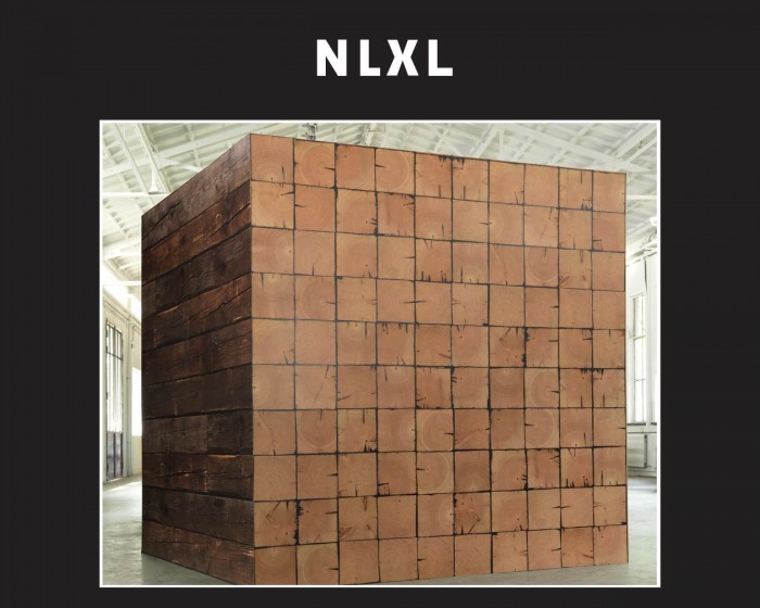 Die NLXL Tapeten PHE-10 und PHE-09 Scrapwood von Piet Hein Eek tapeziert an einem Kubus.