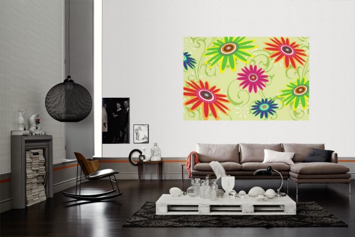 Die Design-Fototapete Blumen der 70er, Artwork als Wandbild im Wohnzimmer. Die Vlies-Design-Fototapete Blumen der 70er, Artwork verschönert als Wandbild Deine Wand.