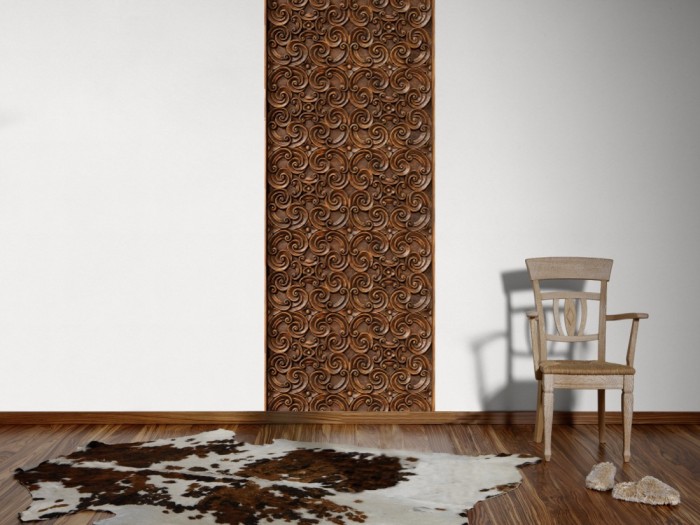 Ein Foto von dem 3D Fotopanel Holzverzierung tapeziert an der Wand. Bestelle Deine Bildtapete online.