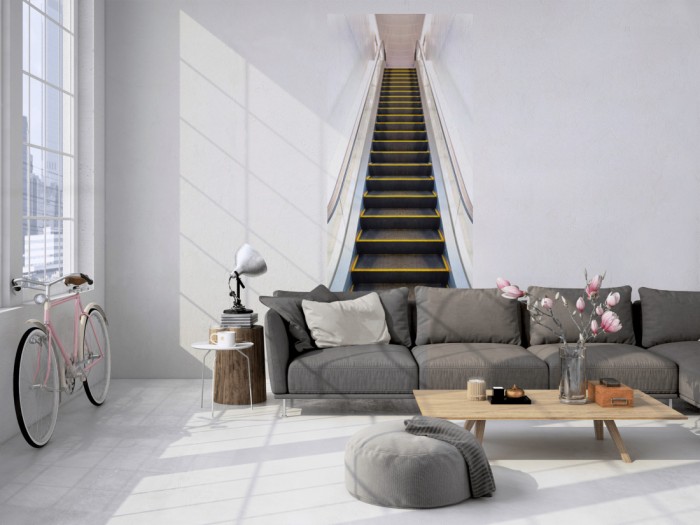 Das 3D Fotopanel Rolltreppe tapeziert in einem Loft. Bestelle die Bildtapete für Deine Wand online.