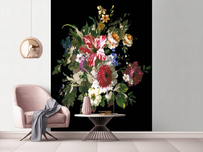 Das Design-Fotopanel Blumen-Bouquet schwarz von Joop tapeziert in einem Büro. Bestelle die Bildtapete für Deine Wand online.