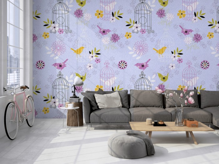 Die Designtapete Vogelkäfig und Vögel auf einer großen Wand im Loft tapeziert. Die Designtapete Vogelkäfig und Vögel wird individuell auf Deine Wand angepasst.