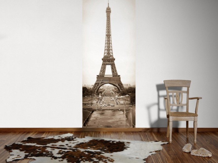 Ein Foto von dem 3D-Fotopanel Eifelturm, Paris in Sepia tapeziert an der Wand. Bestelle Deine Bildtapete online.