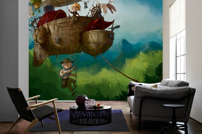 Im Wohnzimmer die Fototapete Luftschiff-Abenteuer, Kindertapete auf einer großen Wand tapeziert. Die Fototapete Luftschiff-Abenteuer, Kindertapete ist als Vlies-Fototapete im Wohnzimmer leicht zu tapezieren.