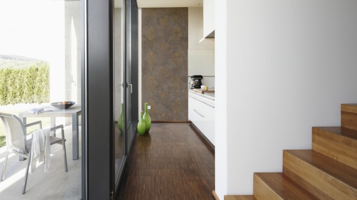 Ein Foto von dem Design-Fotopanel Vintage Barock Ornament Braun tapeziert in der Küche. Bestelle Deine Bildtapete online.