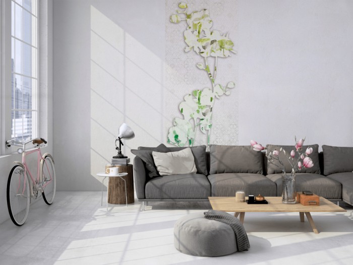 Das Design-Fotopanel Abstrakte Blüten, Artwork tapeziert in einem Loft. Bestelle die Bildtapete für Deine Wand online.