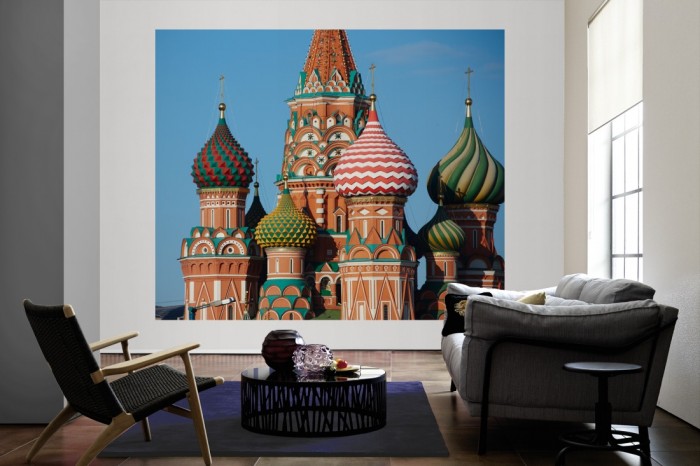Die Fototapete Basilius-Kathedrale in Moskau, Russland als große Bildtapete im Wohnzimmer. Als Bildtapete ist die Fototapete Basilius-Kathedrale in Moskau, Russland ein besonderes Highlight auf Vliestapete.