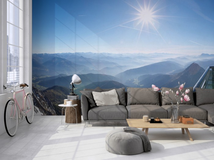 Die Fototapete Berglandschaft vom Dachstein Sky Walk auf einer großen Wand im Loft tapeziert. Die Fototapete Berglandschaft vom Dachstein Sky Walk wird individuell auf Deine Wand angepasst.