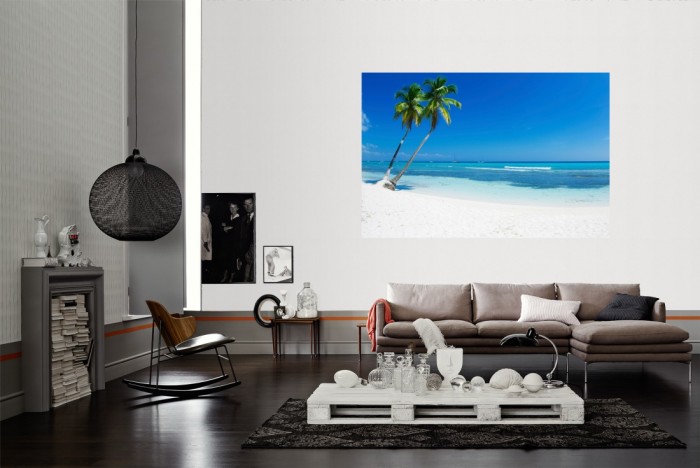 Die Fototapete Strand mit Palmen auf Jamaika als Wandbild im Wohnzimmer. Die Vlies-Fototapete Strand mit Palmen auf Jamaika verschönert als Wandbild Deine Wand.