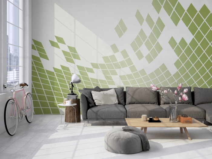 Die Design-Fototapete 3D-Geometrie in grün-weiß auf einer großen Wand im Loft tapeziert. Die Design-Fototapete 3D-Geometrie in grün-weiß wird individuell auf Deine Wand angepasst.