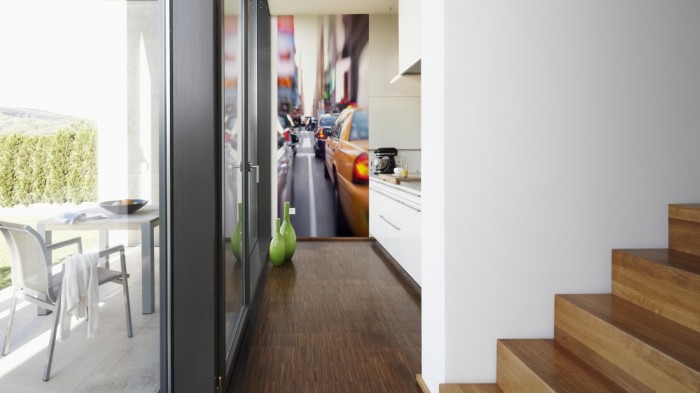 Ein Foto von dem 3D-Fotopanel Taxis in Manhattan, New York USA tapeziert in der Küche. Bestelle Deine Bildtapete online.