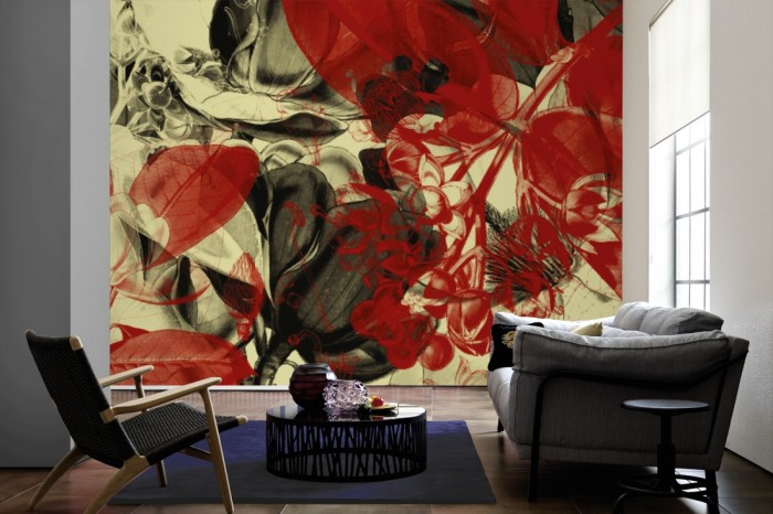 Im Wohnzimmer die Designer-Fototapete Botanischer Garten, Artwork by Mylumi auf einer großen Wand tapeziert. Die Designer-Fototapete Botanischer Garten, Artwork by Mylumi ist als Vlies-Fototapete im Wohnzimmer leicht zu tapezieren.