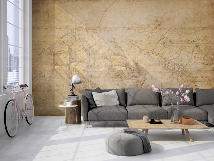 Die Design-Fototapete Alte Karte der Schifffahrt auf einer großen Wand im Loft tapeziert. Die Design-Fototapete Alte Karte der Schifffahrt wird individuell auf Deine Wand angepasst.