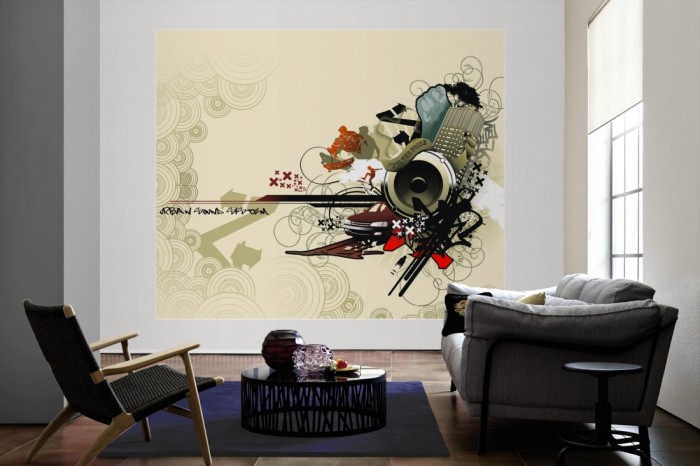 Die Design-Fototapete Urbane Musik, Artwork als große Bildtapete im Wohnzimmer. Als Bildtapete ist die Design-Fototapete Urbane Musik, Artwork ein besonderes Highlight auf Vliestapete.