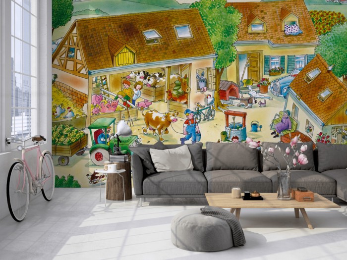 Die Fototapete Bauernhof mit Tieren, Wimmelbild für Kinder auf einer großen Wand im Loft tapeziert. Die Fototapete Bauernhof mit Tieren, Wimmelbild für Kinder wird individuell auf Deine Wand angepasst.