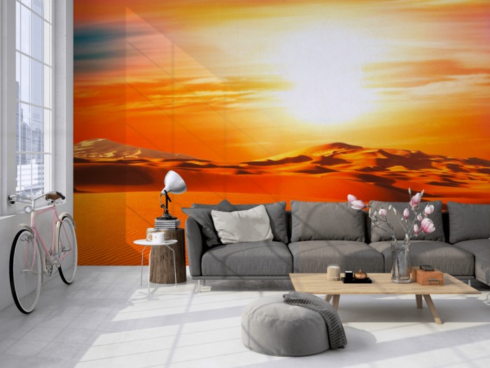 Die Fototapete Sahara, Wüstenlandschaft auf einer großen Wand im Loft tapeziert. Die Fototapete Sahara, Wüstenlandschaft wird individuell auf Deine Wand angepasst.