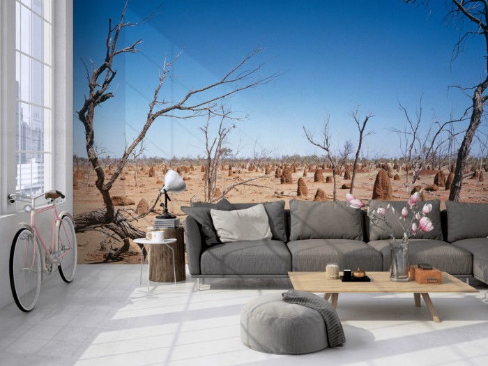 Die Fototapete Australien, Outback auf einer großen Wand im Loft tapeziert. Die Fototapete Australien, Outback wird individuell auf Deine Wand angepasst.