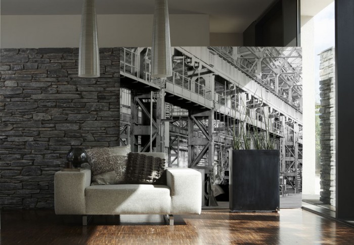 3D-Fototapete Industriegebäude, schwarz-weiß