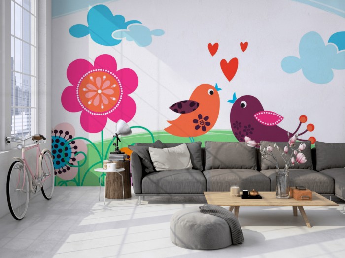 Die Design-Fototapete Vögel auf der Blumenwiese, Artwork für Kinder auf einer großen Wand im Loft tapeziert. Die Design-Fototapete Vögel auf der Blumenwiese, Artwork für Kinder wird individuell auf Deine Wand angepasst.