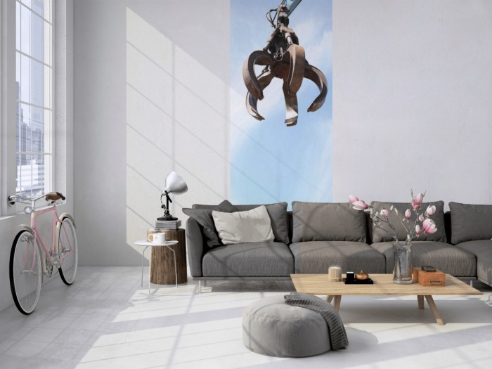 Das 3D-Fotopanel Arm eines Baggers vom Schrottplatz tapeziert in einem Loft. Bestelle die Bildtapete für Deine Wand online.