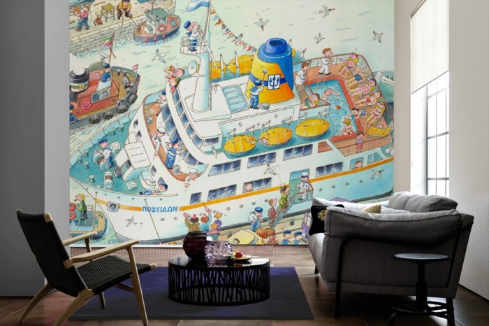 Im Wohnzimmer die Fototapete Schiff im Hafen, Wimmelbild für Kinder auf einer großen Wand tapeziert. Die Fototapete Schiff im Hafen, Wimmelbild für Kinder ist als Vlies-Fototapete im Wohnzimmer leicht zu tapezieren.