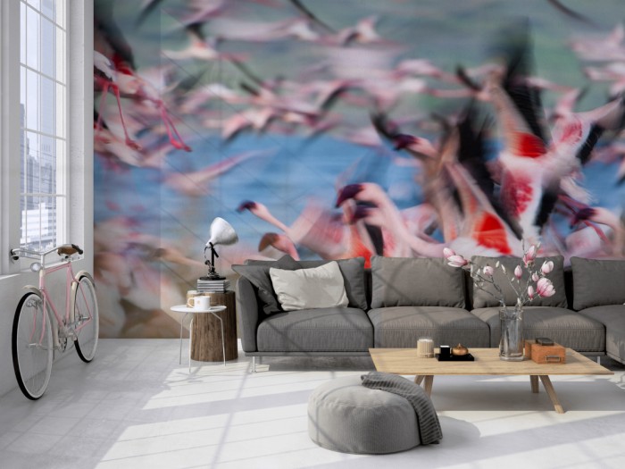 Die Fototapete Flamingos in Kenia auf einer großen Wand im Loft tapeziert. Die Fototapete Flamingos in Kenia wird individuell auf Deine Wand angepasst.