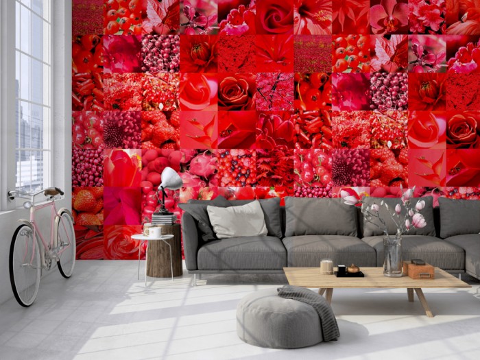 Die Design-Fototapete Obst, Gemüse und Blumen in rot auf einer großen Wand im Loft tapeziert. Die Design-Fototapete Obst, Gemüse und Blumen in rot wird individuell auf Deine Wand angepasst.