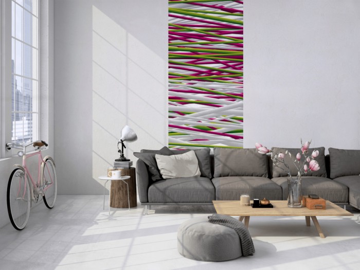 Das 3D-Design-Fotopanel Dreidimensionale Linen, Artwork tapeziert in einem Loft. Bestelle die Bildtapete für Deine Wand online.