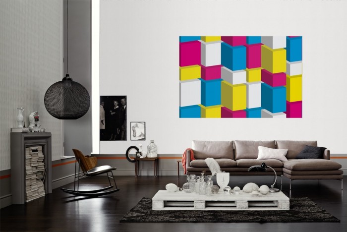 Die Design-Fototapete 3D-Geometrie bunte Rechtecke als Wandbild im Wohnzimmer. Die Vlies-Design-Fototapete 3D-Geometrie bunte Rechtecke verschönert als Wandbild Deine Wand.