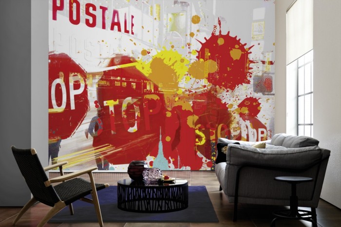 Im Wohnzimmer die Designer-Fototapete Times Square in New York, Artwork by Mylumi auf einer großen Wand tapeziert. Die Designer-Fototapete Times Square in New York, Artwork by Mylumi ist als Vlies-Fototapete im Wohnzimmer leicht zu tapezieren.