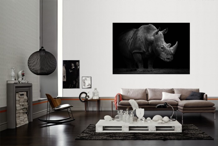 Die Fototapete Nashorn, schwarz-weiß als Wandbild im Wohnzimmer. Die Vlies-Fototapete Nashorn, schwarz-weiß verschönert als Wandbild Deine Wand.
