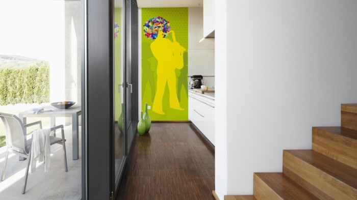 Ein Foto von dem Design-Fotopanel Party der 70er Grün, Artwork tapeziert in der Küche. Bestelle Deine Bildtapete online.