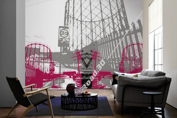 Im Wohnzimmer die Designer-Fototapete Industrie, Artwork by Mylumi auf einer großen Wand tapeziert. Die Designer-Fototapete Industrie, Artwork by Mylumi ist als Vlies-Fototapete im Wohnzimmer leicht zu tapezieren.