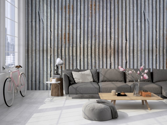 Die Fototapete Wellblech, Metallwand auf einer großen Wand im Loft tapeziert. Die Fototapete Wellblech, Metallwand wird individuell auf Deine Wand angepasst.