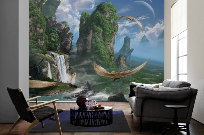 Im Wohnzimmer die Fototapete Fantasy, Landschaft mit Flugsauriern auf einer großen Wand tapeziert. Die Fototapete Fantasy, Landschaft mit Flugsauriern ist als Vlies-Fototapete im Wohnzimmer leicht zu tapezieren.