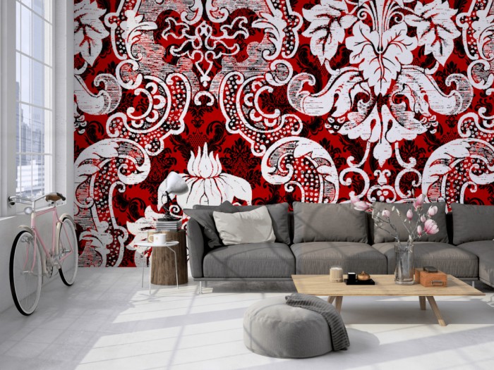 Die Designtapete Barock Ornament, Modern Rot auf einer großen Wand im Loft tapeziert. Die Designtapete Barock Ornament, Modern Rot wird individuell auf Deine Wand angepasst.