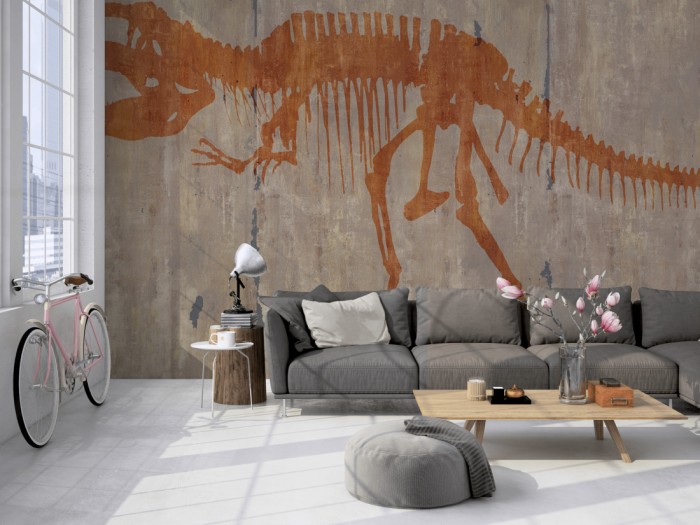 Die Design-Fototapete T-Rex Skelett auf Beton, Artwork auf einer großen Wand im Loft tapeziert. Die Design-Fototapete T-Rex Skelett auf Beton, Artwork wird individuell auf Deine Wand angepasst.