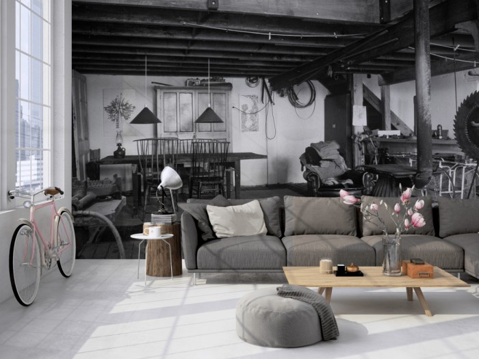 Die Fototapete Wohnen im Bauernhaus, schwarz-weiß auf einer großen Wand im Loft tapeziert. Die Fototapete Wohnen im Bauernhaus, schwarz-weiß wird individuell auf Deine Wand angepasst.