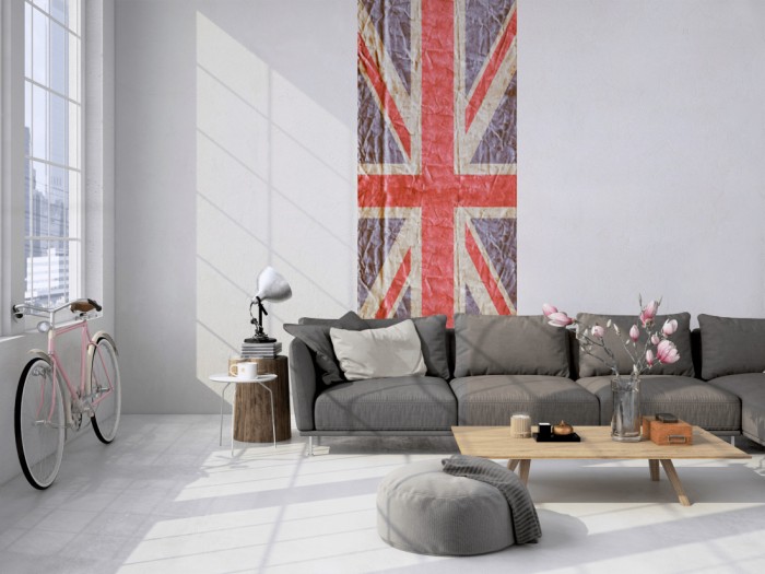 Das Design-Fotopanel Vintage England Flagge, Union Jack tapeziert in einem Loft. Bestelle die Bildtapete für Deine Wand online.