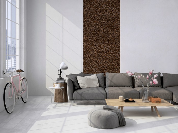 Das 3D-Fotopanel Kaffee und Espressobohnen tapeziert in einem Loft. Bestelle die Bildtapete für Deine Wand online.