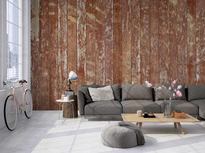 Die Fototapete Holz Wand, rote Holzbretter auf einer großen Wand im Loft tapeziert. Die Fototapete Holz Wand, rote Holzbretter wird individuell auf Deine Wand angepasst.